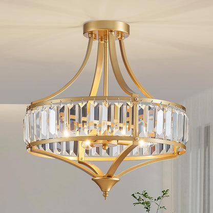 Modern Gold Crystal Chandeliers for Dining Room Pendant 4-Light Rustic Farmhouse Chandelier with Round Metal Lampshade for Living Room Kitchen Island Hallway Bedroom Foyer