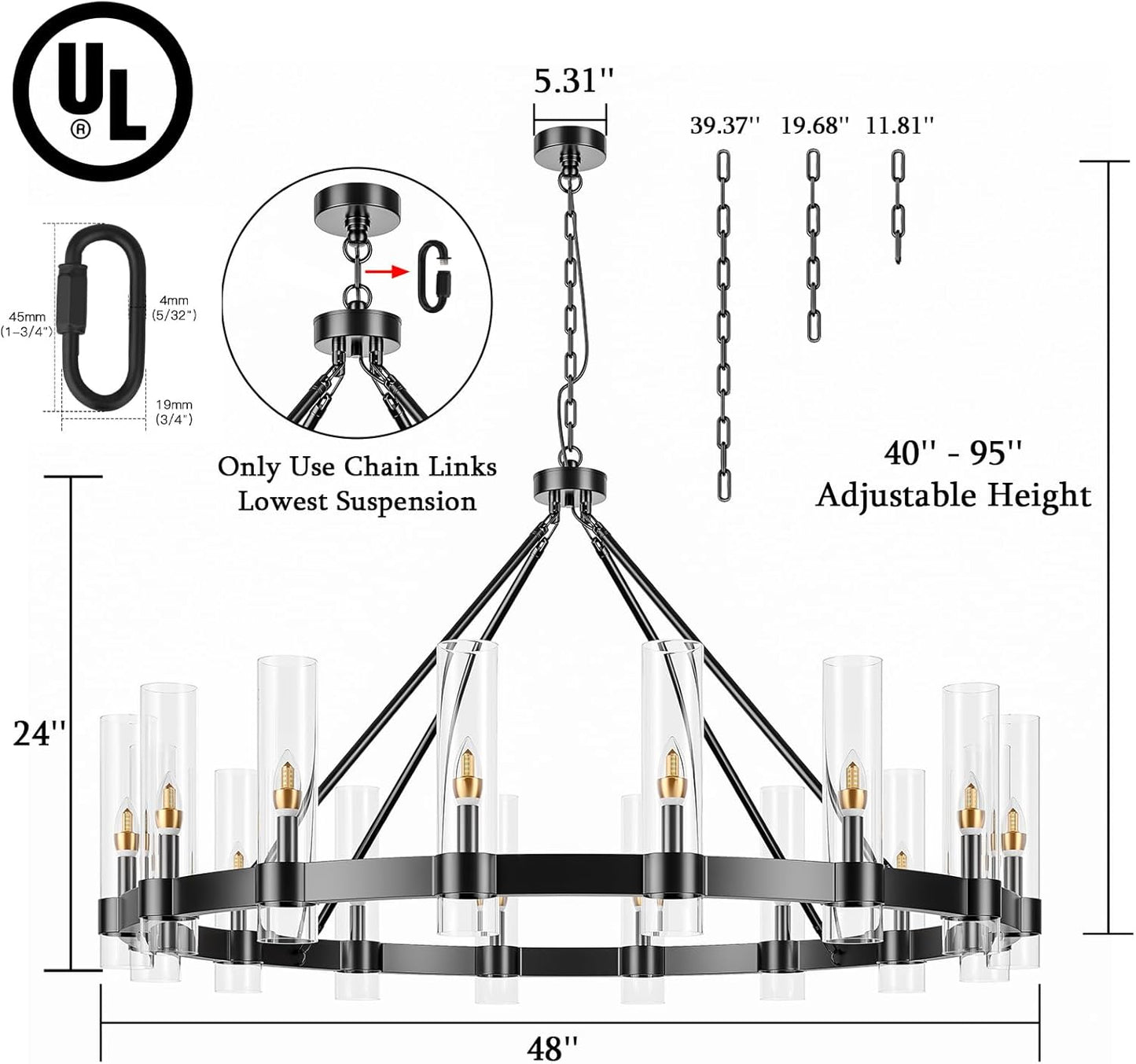 48 Inch Black Wagon Wheel Chandelier with Glass Shade, 16 Lights, Modern Farmhouse Style, Ideal for Dining Room, Kitchen, Entryways