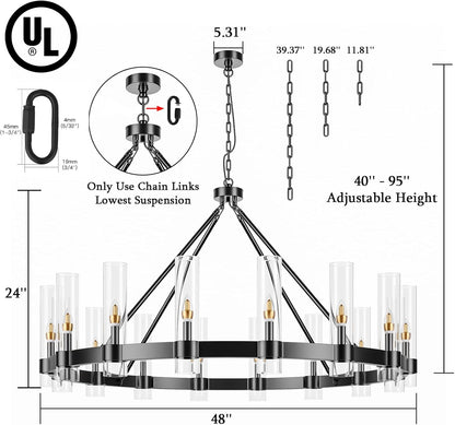 48 Inch Black Wagon Wheel Chandelier with Glass Shade, 16 Lights, Modern Farmhouse Style, Ideal for Dining Room, Kitchen, Entryways
