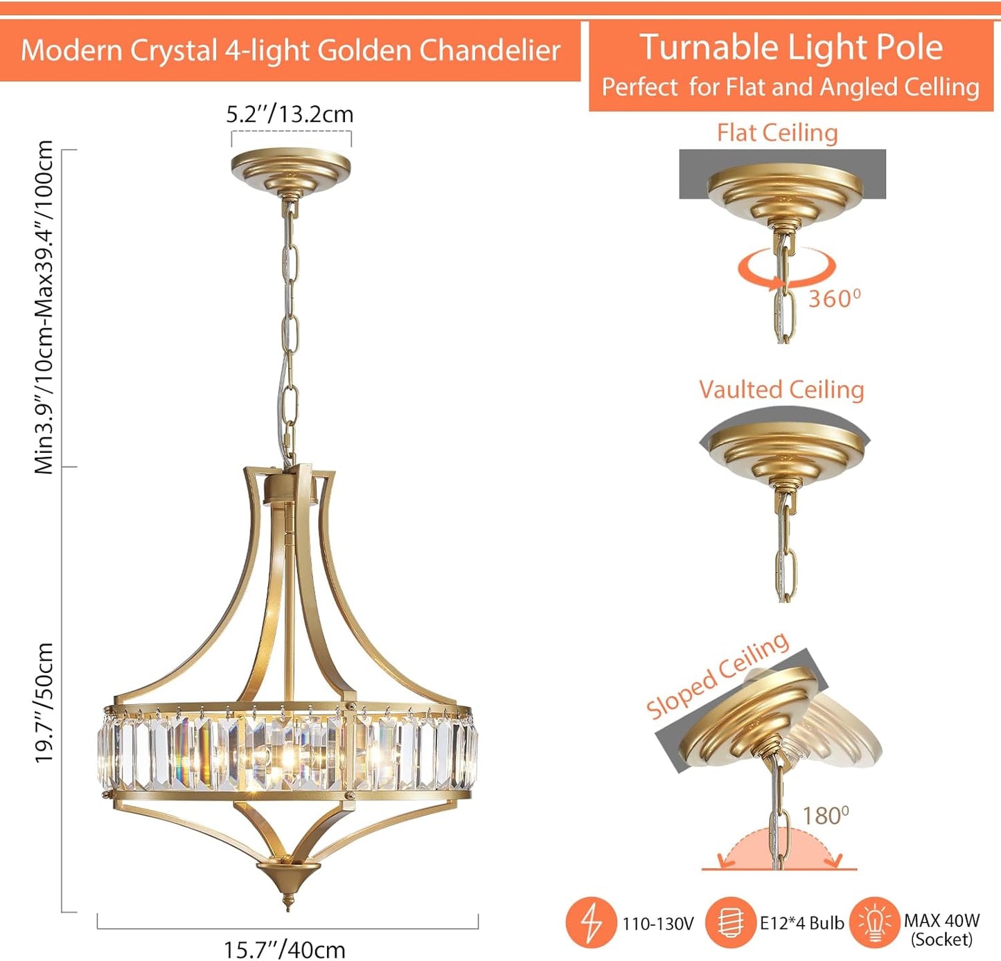 Modern Gold Crystal Chandeliers for Dining Room Pendant 4-Light Rustic Farmhouse Chandelier with Round Metal Lampshade for Living Room Kitchen Island Hallway Bedroom Foyer