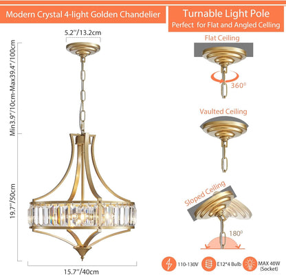 Modern Gold Crystal Chandeliers for Dining Room Pendant 4-Light Rustic Farmhouse Chandelier with Round Metal Lampshade for Living Room Kitchen Island Hallway Bedroom Foyer