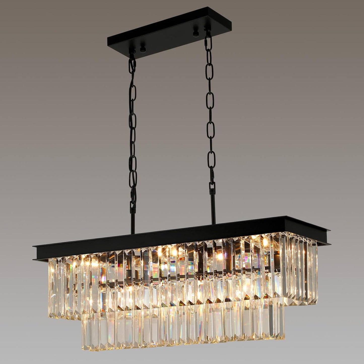 Crystal Chandeliers for Dining Room 11-Light Black Modern Chandelier Rectangle Contemporary Pendant Light Fixture for Kitchen Island Bar L33.5 Inch