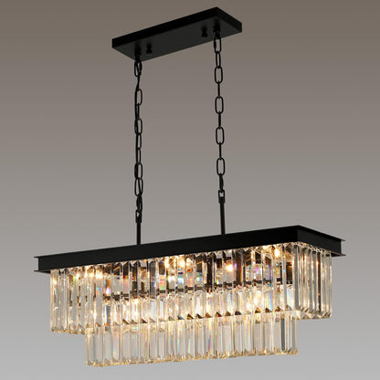 Crystal Chandeliers for Dining Room 11-Light Black Modern Chandelier Rectangle Contemporary Pendant Light Fixture for Kitchen Island Bar L33.5 Inch