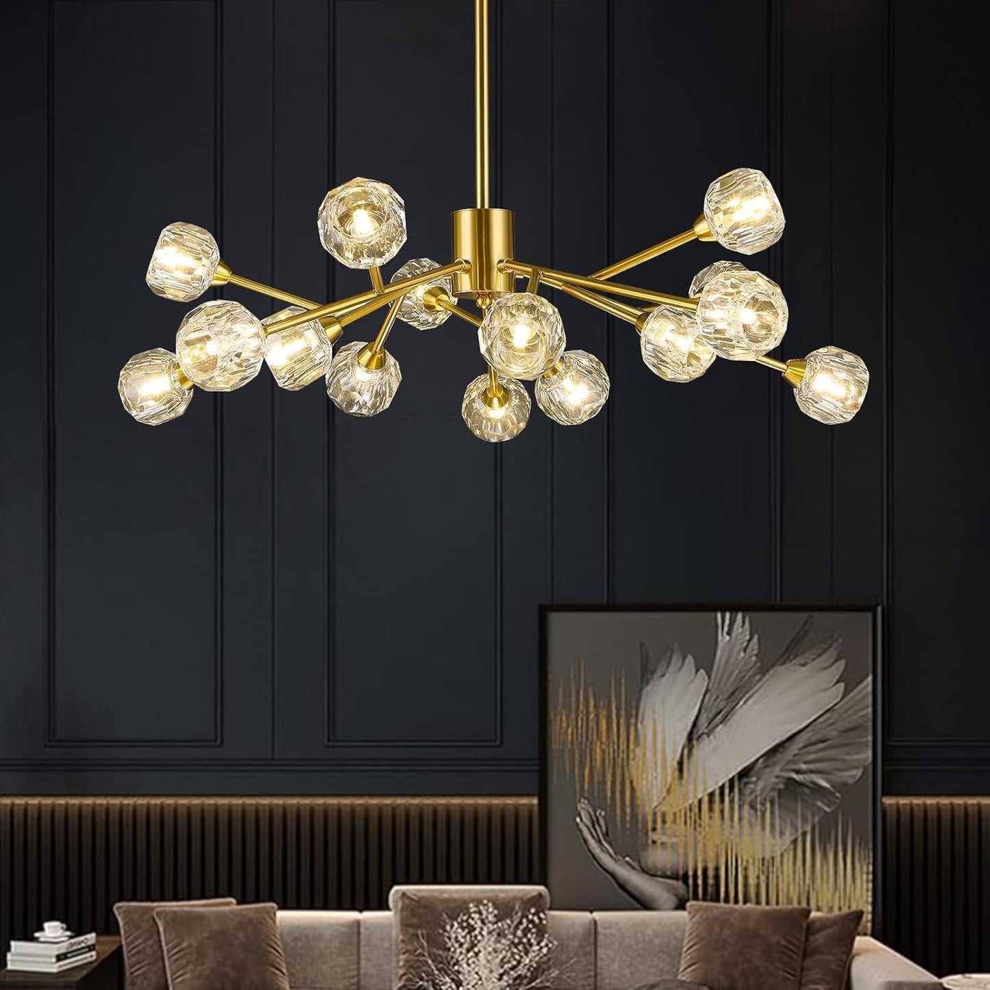 Sputnik Chandeliers for Dining Room Light Fixture Over Table, Modern Crystal Chandeliers, 9 Lights Gold Lighting Fixtures for Living Room Bedroom Kitchen Island