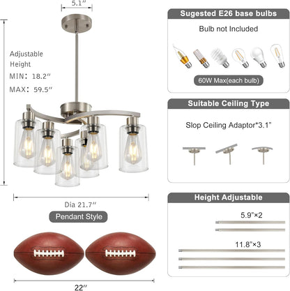 6 Light Farmhouse Brushed Nickel Chandelier,21.7" Modern Chandeliers for Dining Room Light Fixtures Over Table,Pendant Lights Kitchen Island,Metal Bracket with Downward Clear Glass Shade