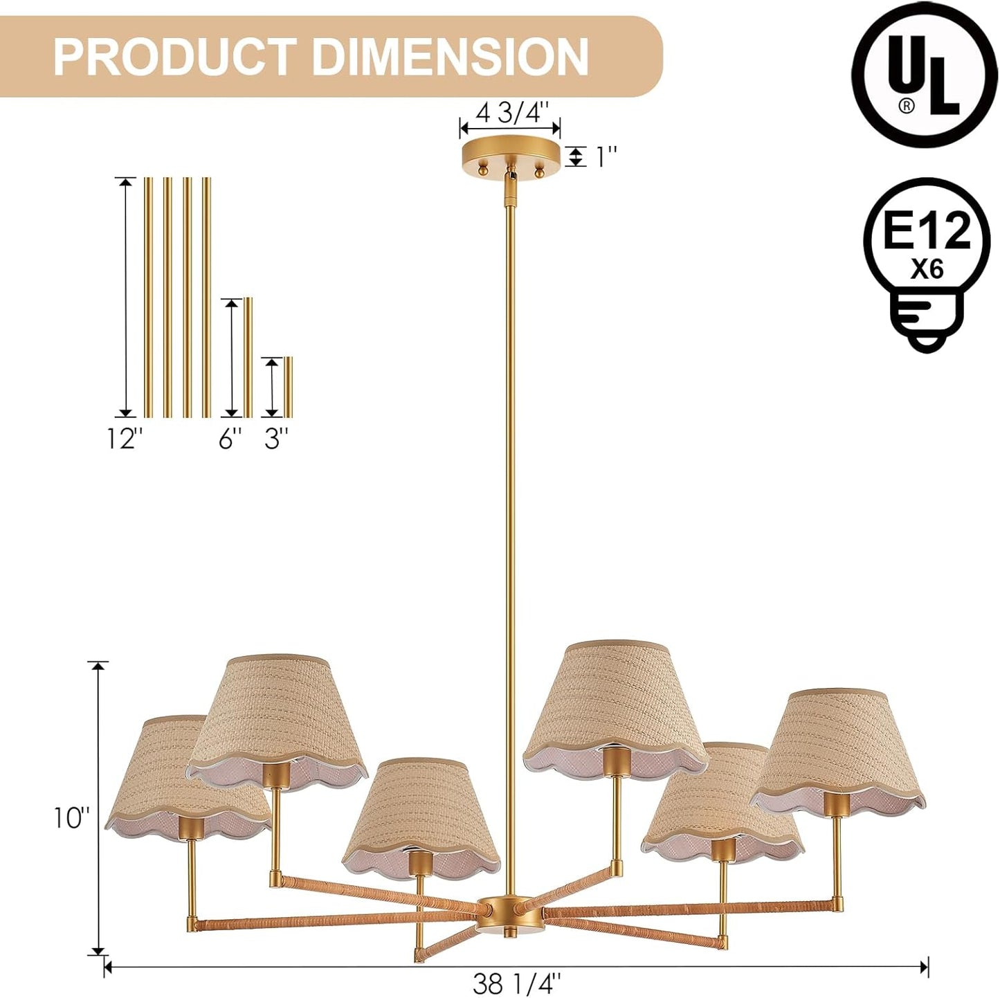 39” Boho Rattan Chandelier 6-Lights Rustic Industrial Pendant Light Large Adjustable Pendant Lighting Fixtures for Kitchen Island Dining Living Room, UL Listed