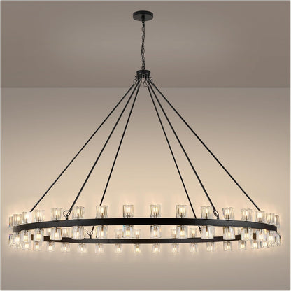 48 Inch Black Wagon Wheel Chandelier with Glass Shade, 16 Lights, Modern Farmhouse Style, Ideal for Dining Room, Kitchen, Entryways