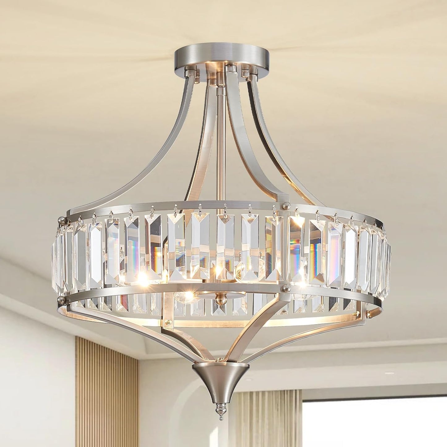 Modern Gold Crystal Chandeliers for Dining Room Pendant 4-Light Rustic Farmhouse Chandelier with Round Metal Lampshade for Living Room Kitchen Island Hallway Bedroom Foyer