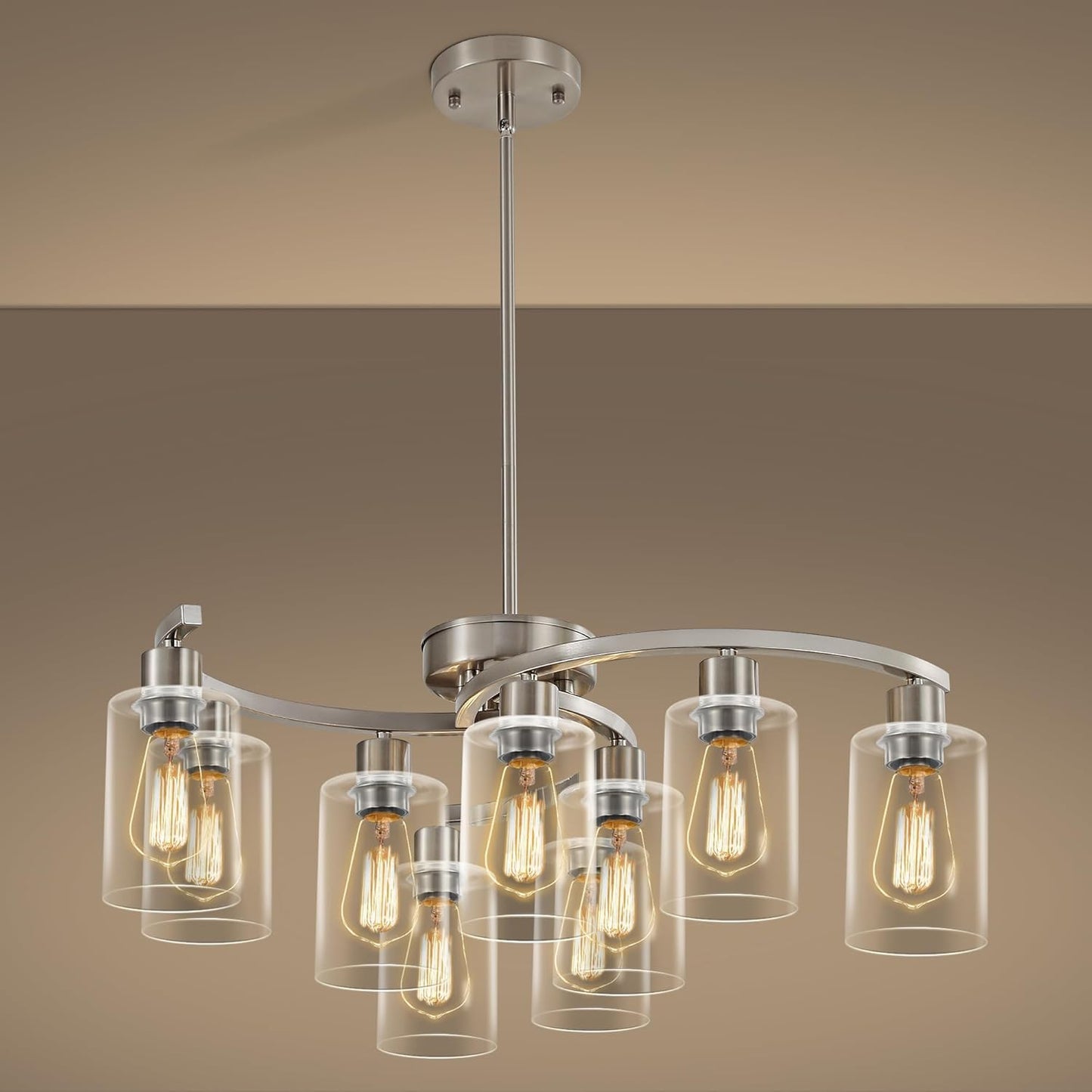 6 Light Farmhouse Brushed Nickel Chandelier,21.7" Modern Chandeliers for Dining Room Light Fixtures Over Table,Pendant Lights Kitchen Island,Metal Bracket with Downward Clear Glass Shade