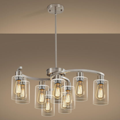 6 Light Farmhouse Brushed Nickel Chandelier,21.7" Modern Chandeliers for Dining Room Light Fixtures Over Table,Pendant Lights Kitchen Island,Metal Bracket with Downward Clear Glass Shade