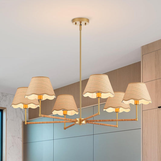 39” Boho Rattan Chandelier 6-Lights Rustic Industrial Pendant Light Large Adjustable Pendant Lighting Fixtures for Kitchen Island Dining Living Room, UL Listed