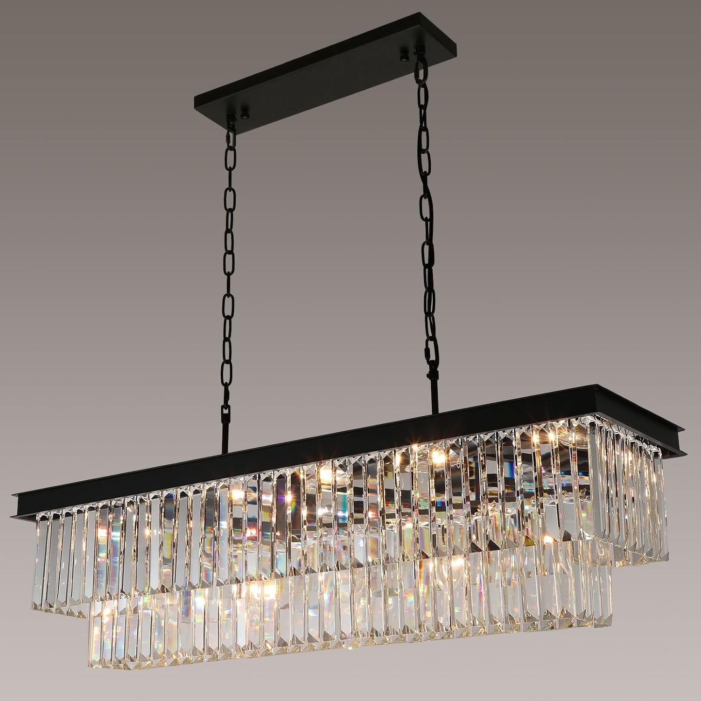 Crystal Chandeliers for Dining Room 11-Light Black Modern Chandelier Rectangle Contemporary Pendant Light Fixture for Kitchen Island Bar L33.5 Inch