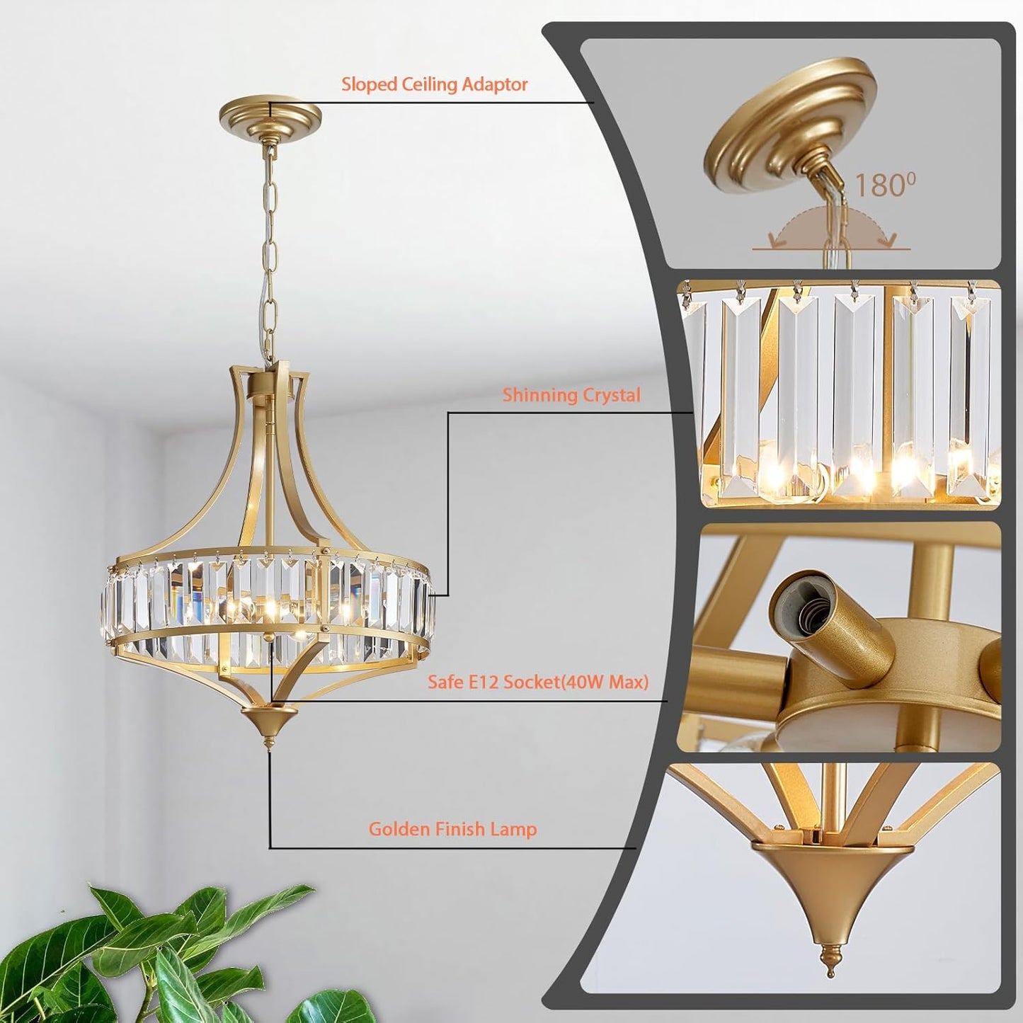 Modern Gold Crystal Chandeliers for Dining Room Pendant 4-Light Rustic Farmhouse Chandelier with Round Metal Lampshade for Living Room Kitchen Island Hallway Bedroom Foyer