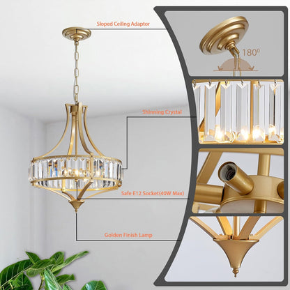 Modern Gold Crystal Chandeliers for Dining Room Pendant 4-Light Rustic Farmhouse Chandelier with Round Metal Lampshade for Living Room Kitchen Island Hallway Bedroom Foyer