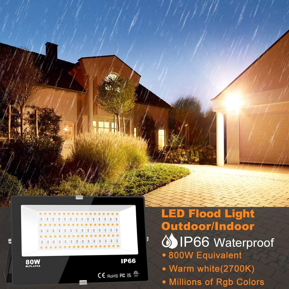 MELPO LED Flood Light Outdoor 800W Equivalent 8000LM Smart RGB Landscape Lighting with APP Control, DIY Scenes - Timing - Warm White 2700K - Color Changing Uplight, IP66 Waterproof US Plug (4Pack)
