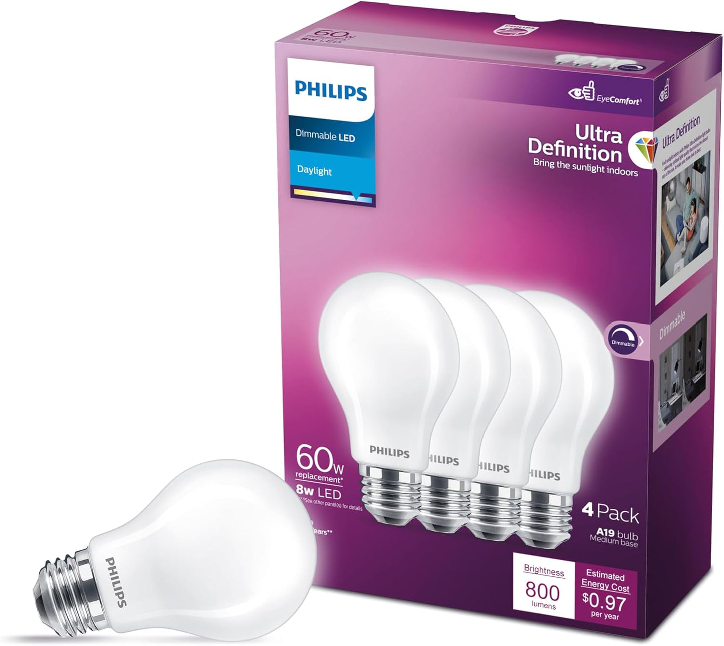 PHILIPS LED 60W A19 8-Pack Ultra Definition (2700K) 800 Lumen (8W = 60W) Dimmable Frosted Flicker-Free Light Bulbs