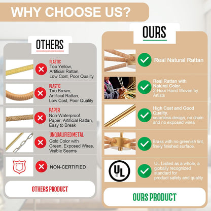 39” Boho Rattan Chandelier 6-Lights Rustic Industrial Pendant Light Large Adjustable Pendant Lighting Fixtures for Kitchen Island Dining Living Room, UL Listed