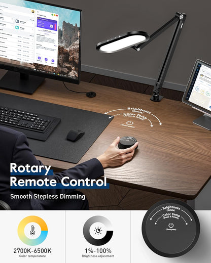 LED Desk Lamp for Home Office, Eye-Care Double-Sided Desk Light with Stepless Dimmable Knob Remote, Memory, Adjustable Arm Clip on Light for Video Recording, Zoom Call, Study, Flicker-Free, Glare-Free