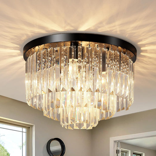16" Black Crystal Chandelier Ceiling Light, Flush Mount 5-Lights 3-Tier K9 Crystal Round Chandelier Light for Dining Room Kitchen Island Living Room Bedroom