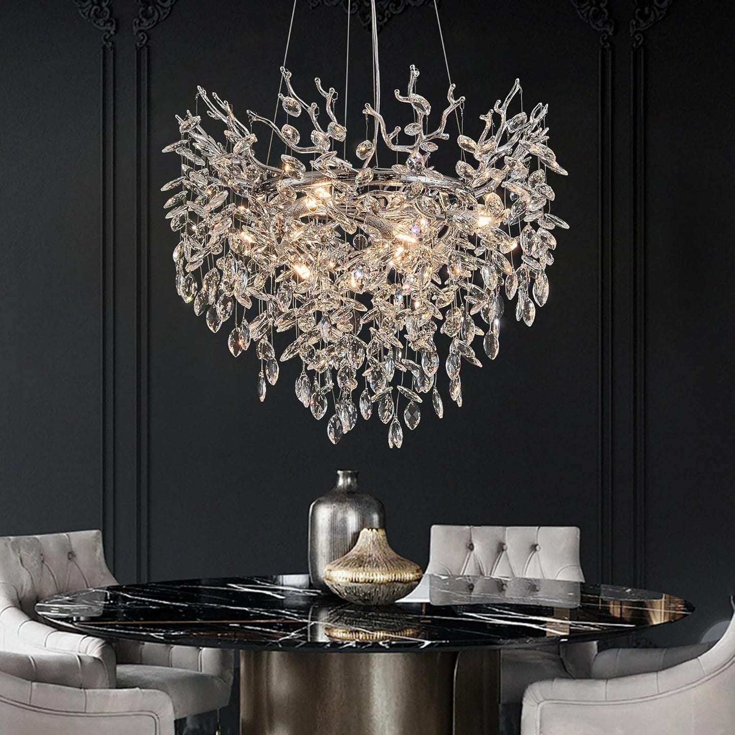 Modern Tree Branch Crystal Chandelier Luxury Silver Crystal Pendant Lighting 18" Contemporary 6-Light Chandeliers for Dining Room Kitchen Bedroom Living Room