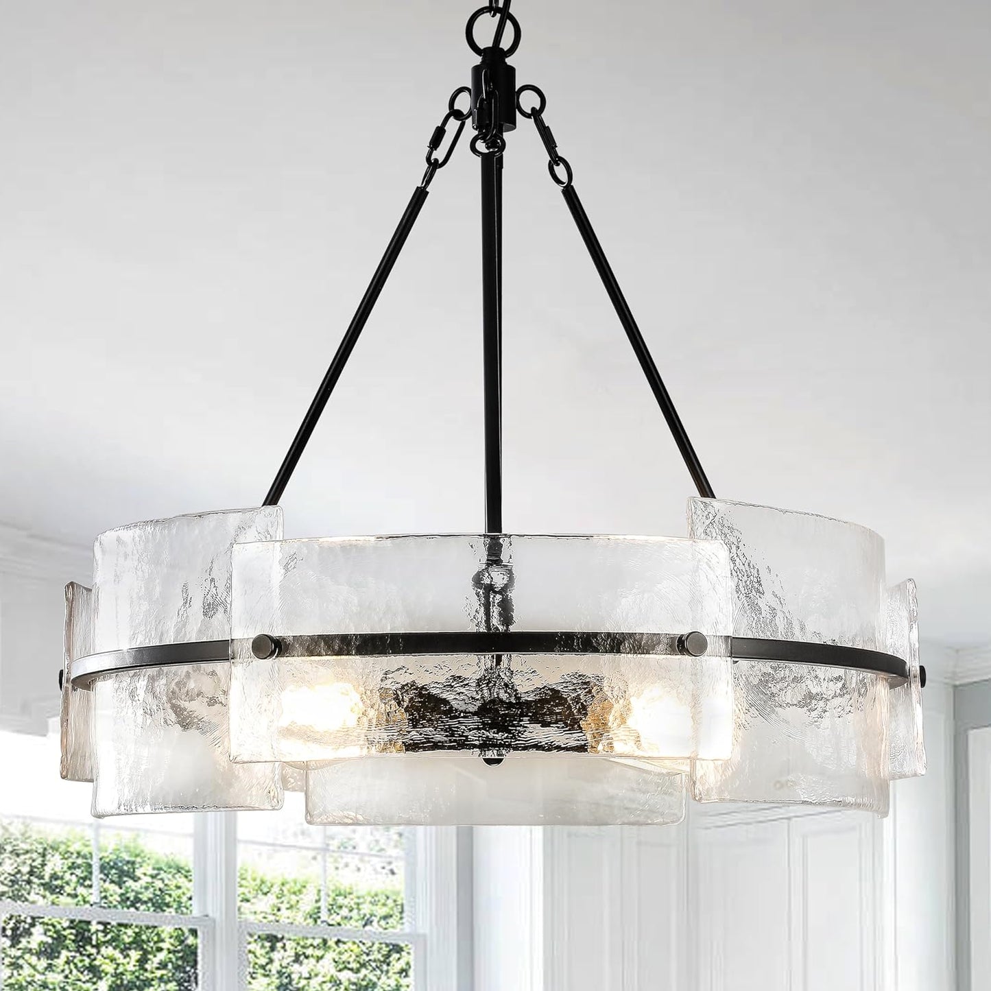 Modern Dining Room Chandelier 22” Black Textured Glass Chandelier Luxury Drum Crystal Light Fixture Farmhouse Round Hanging Lighting for Dining Room Kitchen Island Living Room Hallway Bedroom