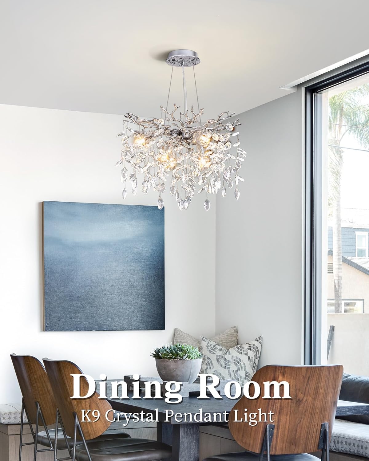 Modern Tree Branch Crystal Chandelier Luxury Silver Crystal Pendant Lighting 18" Contemporary 6-Light Chandeliers for Dining Room Kitchen Bedroom Living Room