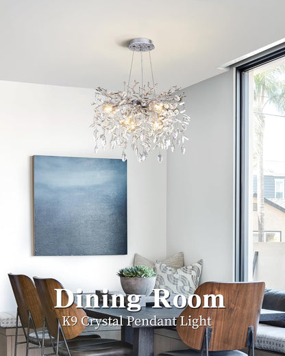 Modern Tree Branch Crystal Chandelier Luxury Silver Crystal Pendant Lighting 18" Contemporary 6-Light Chandeliers for Dining Room Kitchen Bedroom Living Room