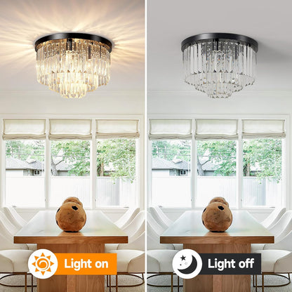 16" Black Crystal Chandelier Ceiling Light, Flush Mount 5-Lights 3-Tier K9 Crystal Round Chandelier Light for Dining Room Kitchen Island Living Room Bedroom