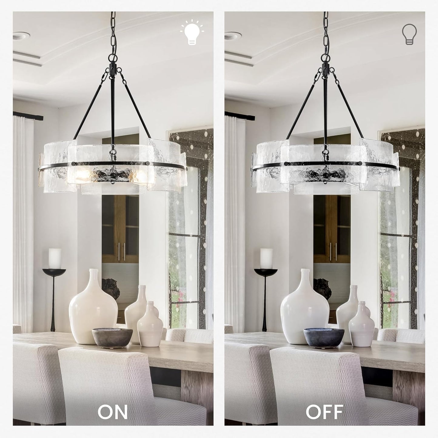 Modern Dining Room Chandelier 22” Black Textured Glass Chandelier Luxury Drum Crystal Light Fixture Farmhouse Round Hanging Lighting for Dining Room Kitchen Island Living Room Hallway Bedroom