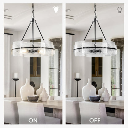 Modern Dining Room Chandelier 22” Black Textured Glass Chandelier Luxury Drum Crystal Light Fixture Farmhouse Round Hanging Lighting for Dining Room Kitchen Island Living Room Hallway Bedroom