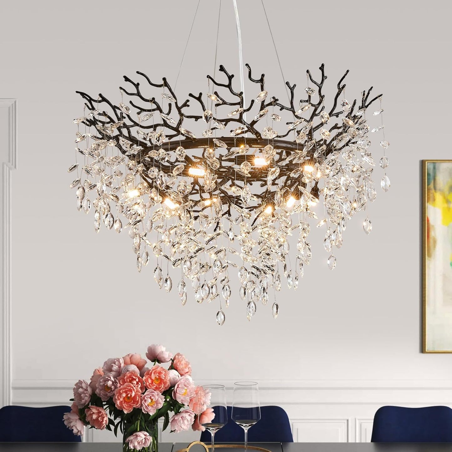 Modern Tree Branch Crystal Chandelier Luxury Silver Crystal Pendant Lighting 18" Contemporary 6-Light Chandeliers for Dining Room Kitchen Bedroom Living Room