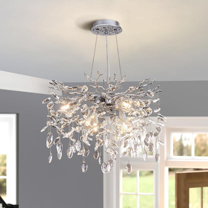 Modern Tree Branch Crystal Chandelier Luxury Silver Crystal Pendant Lighting 18" Contemporary 6-Light Chandeliers for Dining Room Kitchen Bedroom Living Room