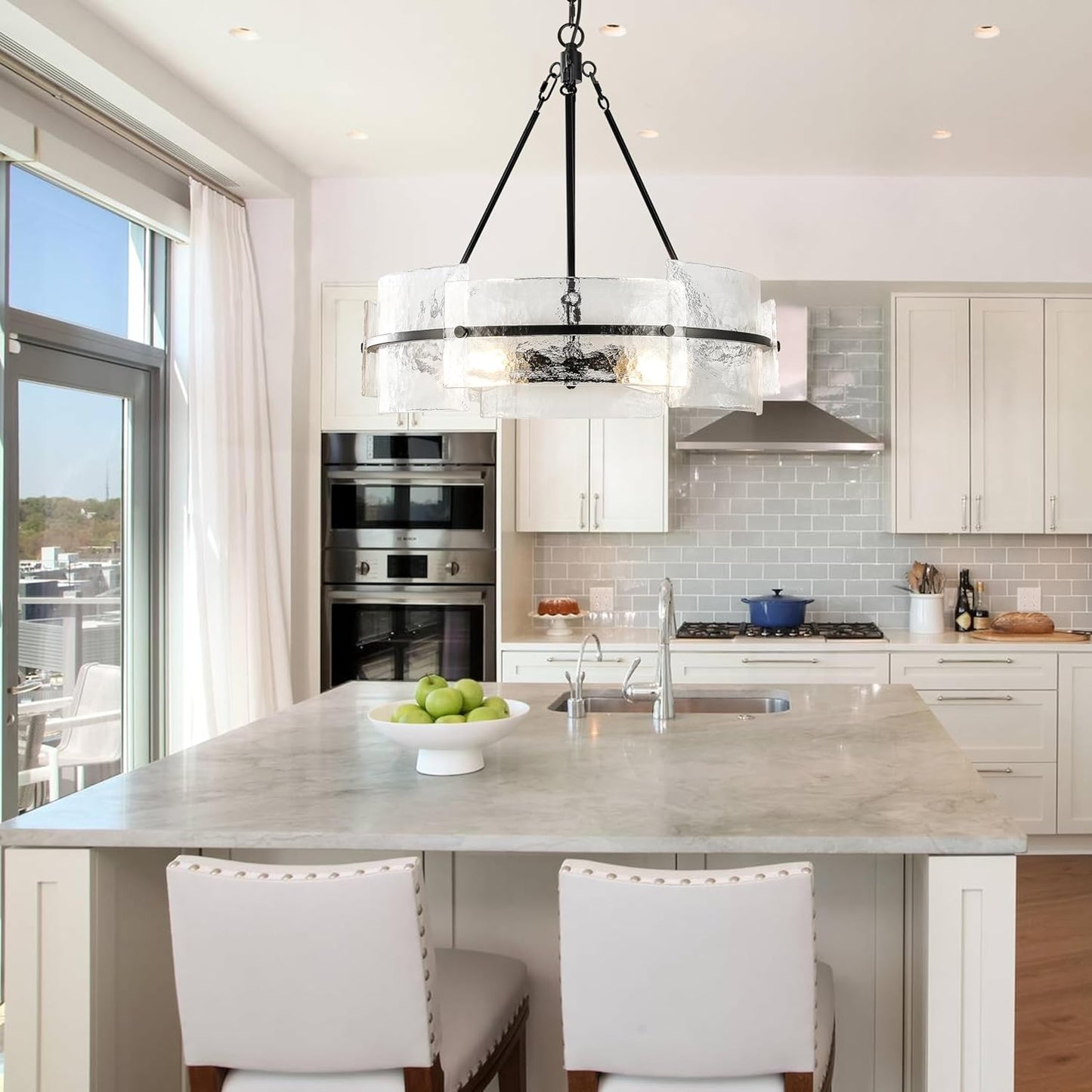 Modern Dining Room Chandelier 22” Black Textured Glass Chandelier Luxury Drum Crystal Light Fixture Farmhouse Round Hanging Lighting for Dining Room Kitchen Island Living Room Hallway Bedroom