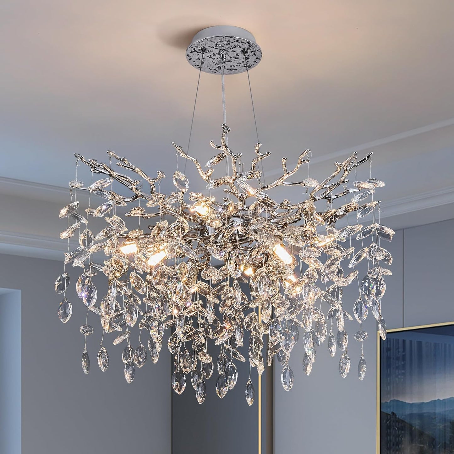 Modern Tree Branch Crystal Chandelier Luxury Silver Crystal Pendant Lighting 18" Contemporary 6-Light Chandeliers for Dining Room Kitchen Bedroom Living Room