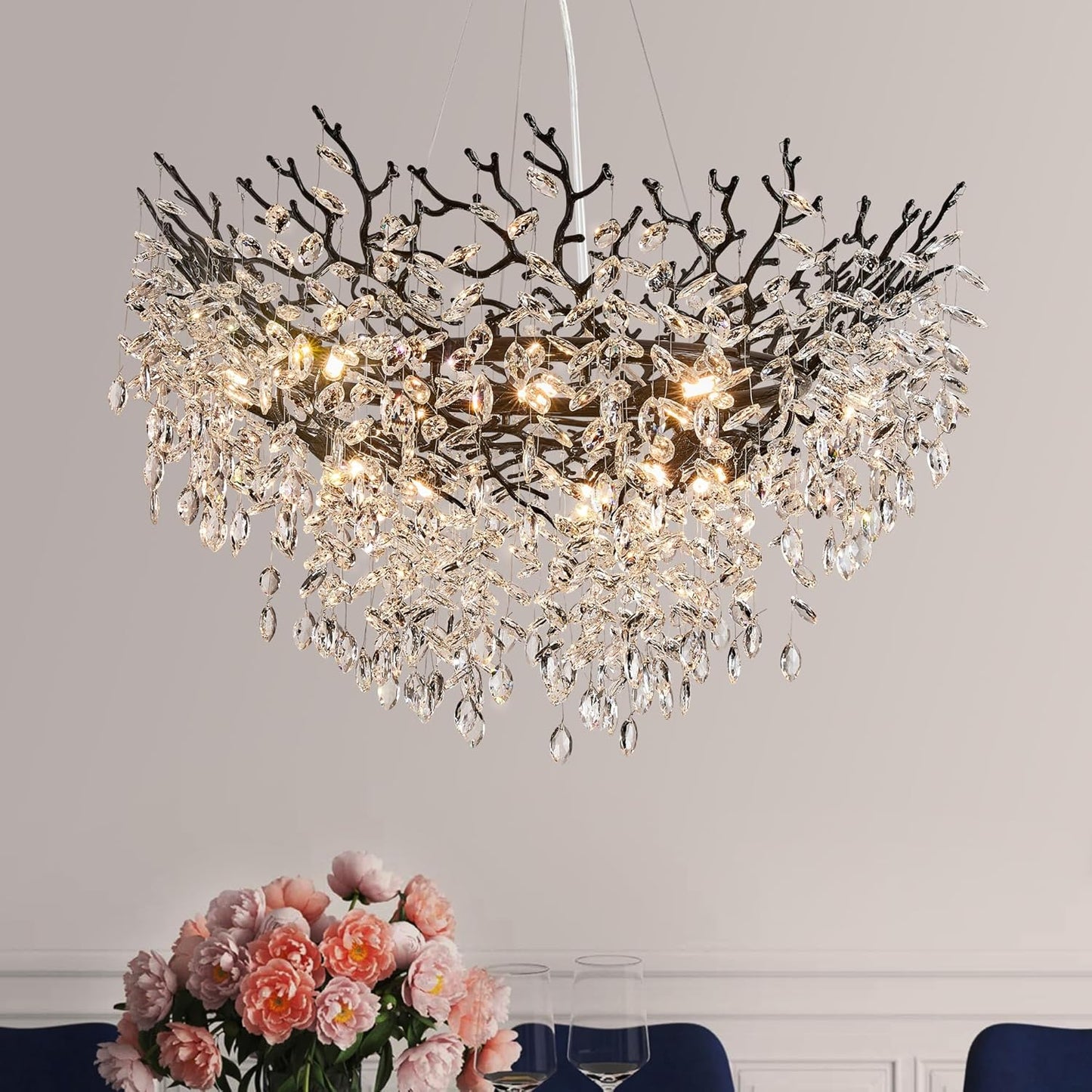 Modern Tree Branch Crystal Chandelier Luxury Silver Crystal Pendant Lighting 18" Contemporary 6-Light Chandeliers for Dining Room Kitchen Bedroom Living Room