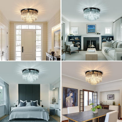 16" Black Crystal Chandelier Ceiling Light, Flush Mount 5-Lights 3-Tier K9 Crystal Round Chandelier Light for Dining Room Kitchen Island Living Room Bedroom