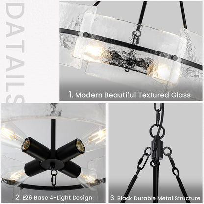 Modern Dining Room Chandelier 22” Black Textured Glass Chandelier Luxury Drum Crystal Light Fixture Farmhouse Round Hanging Lighting for Dining Room Kitchen Island Living Room Hallway Bedroom