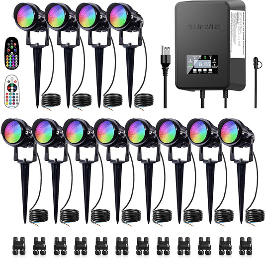 SUNVIE 12 Pack RGBW Color Changing Landscape Lights with 300W Low Voltage Landscape Transformer 12-24V LED Landscape Lighting Kit Waterproof Multicolor Spotlights for Christmas House Yard Tree Garden