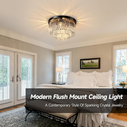 16" Black Crystal Chandelier Ceiling Light, Flush Mount 5-Lights 3-Tier K9 Crystal Round Chandelier Light for Dining Room Kitchen Island Living Room Bedroom