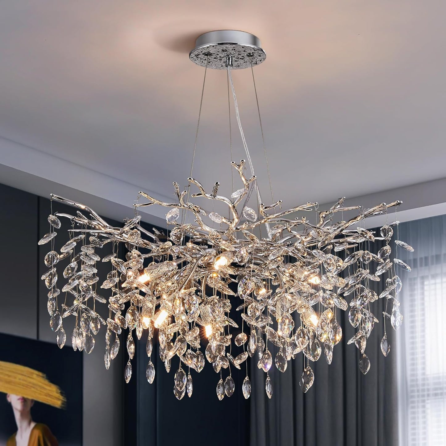 Modern Tree Branch Crystal Chandelier Luxury Silver Crystal Pendant Lighting 18" Contemporary 6-Light Chandeliers for Dining Room Kitchen Bedroom Living Room