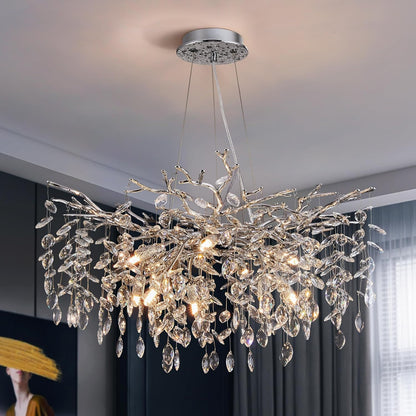 Modern Tree Branch Crystal Chandelier Luxury Silver Crystal Pendant Lighting 18" Contemporary 6-Light Chandeliers for Dining Room Kitchen Bedroom Living Room