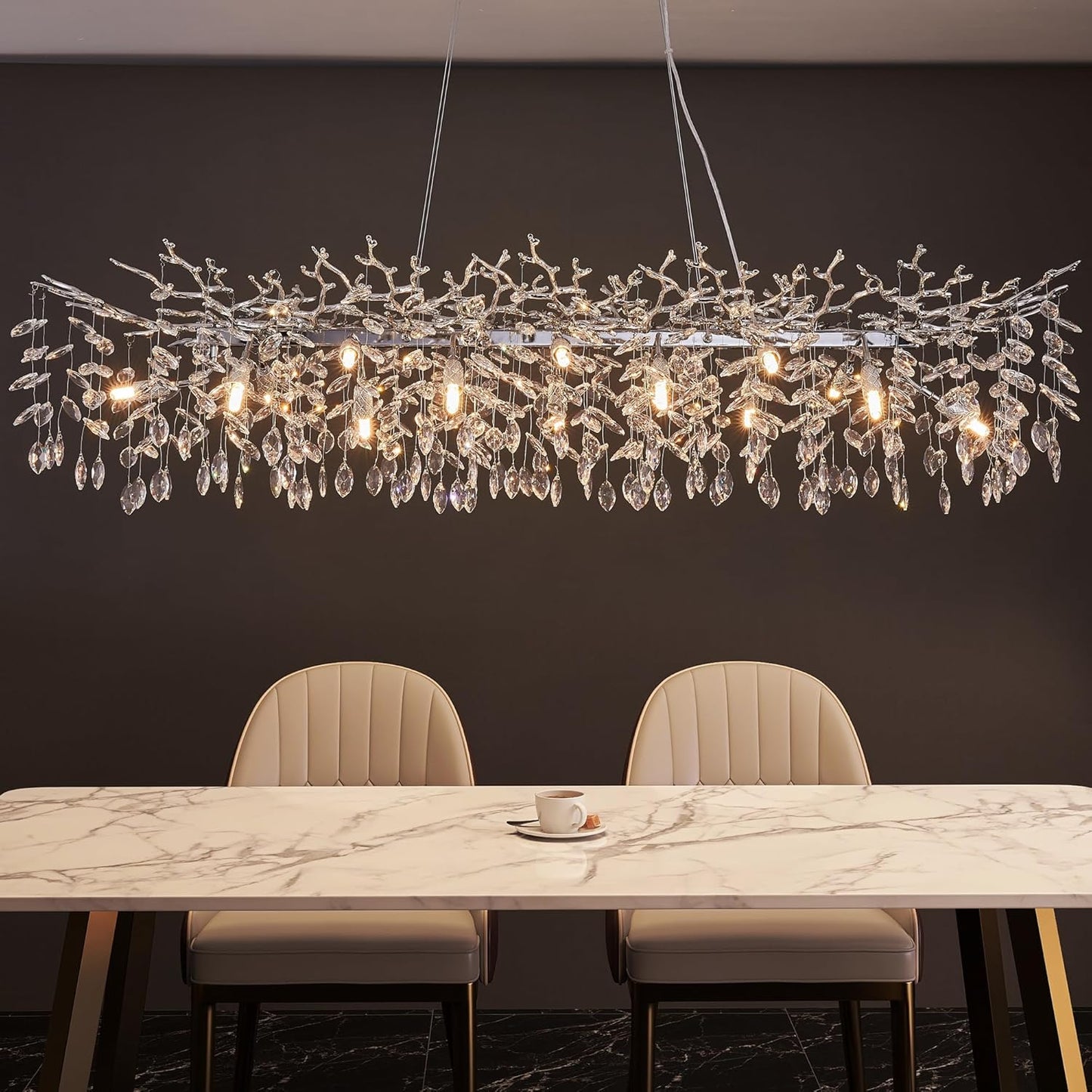 Modern Tree Branch Crystal Chandelier Luxury Silver Crystal Pendant Lighting 18" Contemporary 6-Light Chandeliers for Dining Room Kitchen Bedroom Living Room