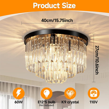 16" Black Crystal Chandelier Ceiling Light, Flush Mount 5-Lights 3-Tier K9 Crystal Round Chandelier Light for Dining Room Kitchen Island Living Room Bedroom