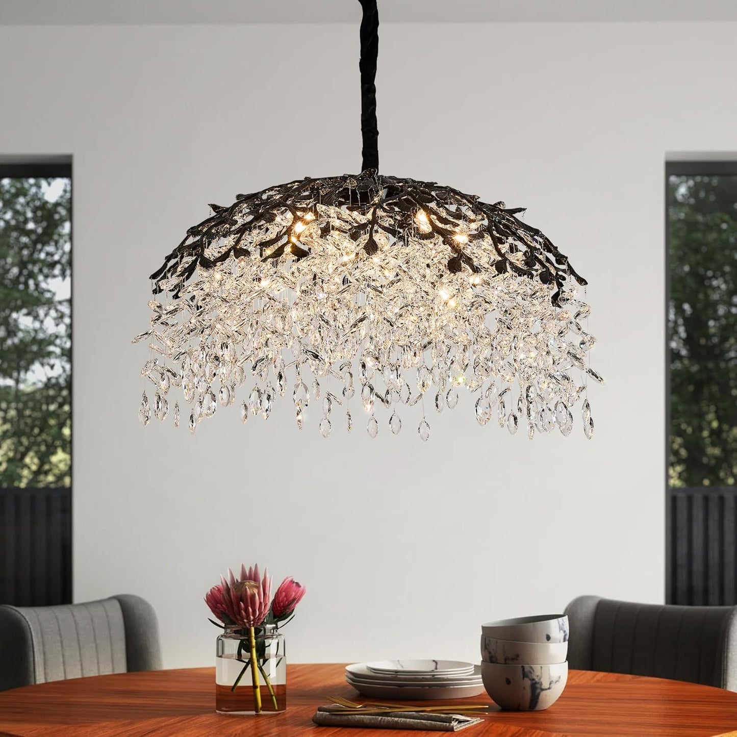 Modern Tree Branch Crystal Chandelier Luxury Silver Crystal Pendant Lighting 18" Contemporary 6-Light Chandeliers for Dining Room Kitchen Bedroom Living Room