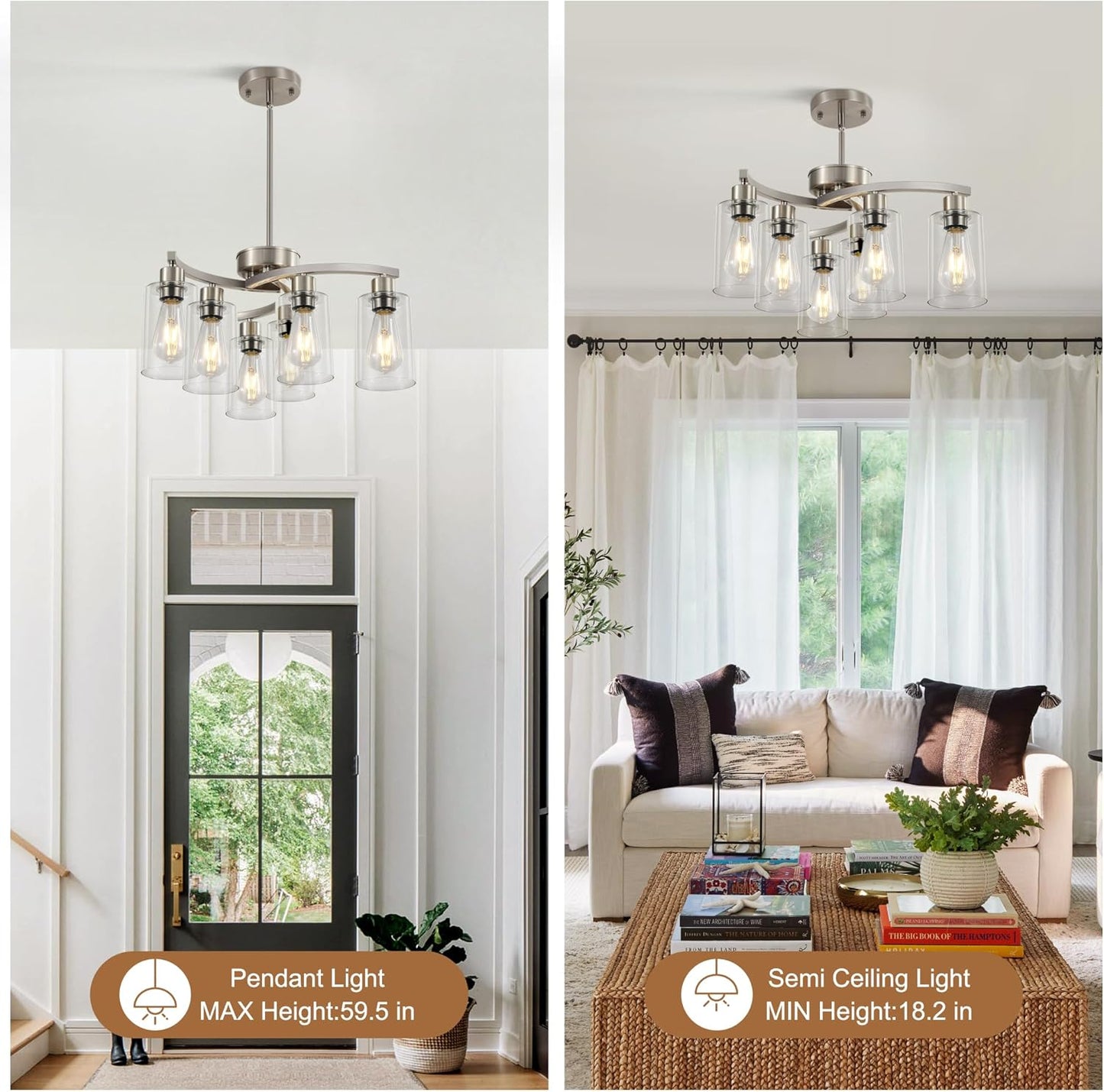 6 Light Farmhouse Brushed Nickel Chandelier,21.7" Modern Chandeliers for Dining Room Light Fixtures Over Table,Pendant Lights Kitchen Island,Metal Bracket with Downward Clear Glass Shade