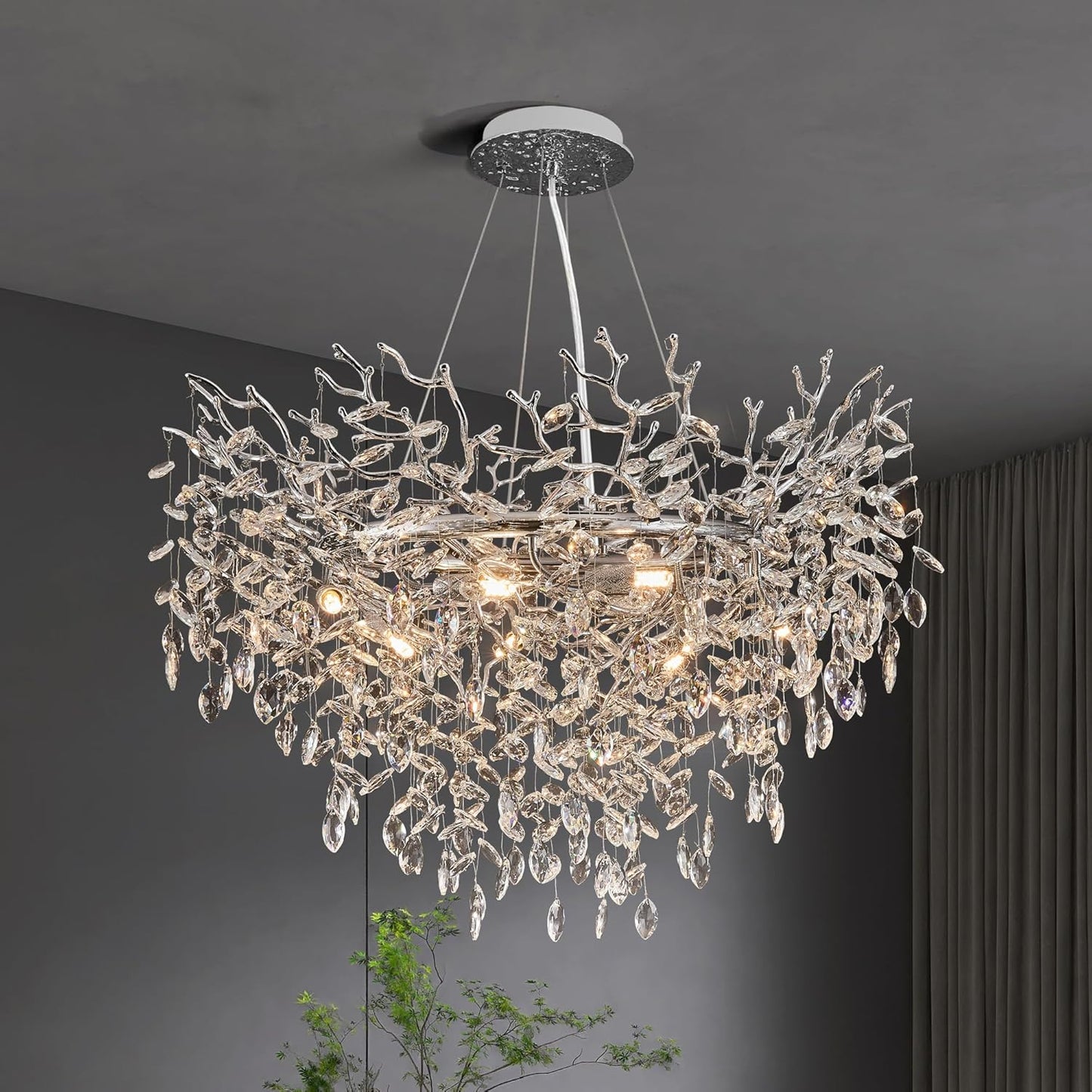 Modern Tree Branch Crystal Chandelier Luxury Silver Crystal Pendant Lighting 18" Contemporary 6-Light Chandeliers for Dining Room Kitchen Bedroom Living Room