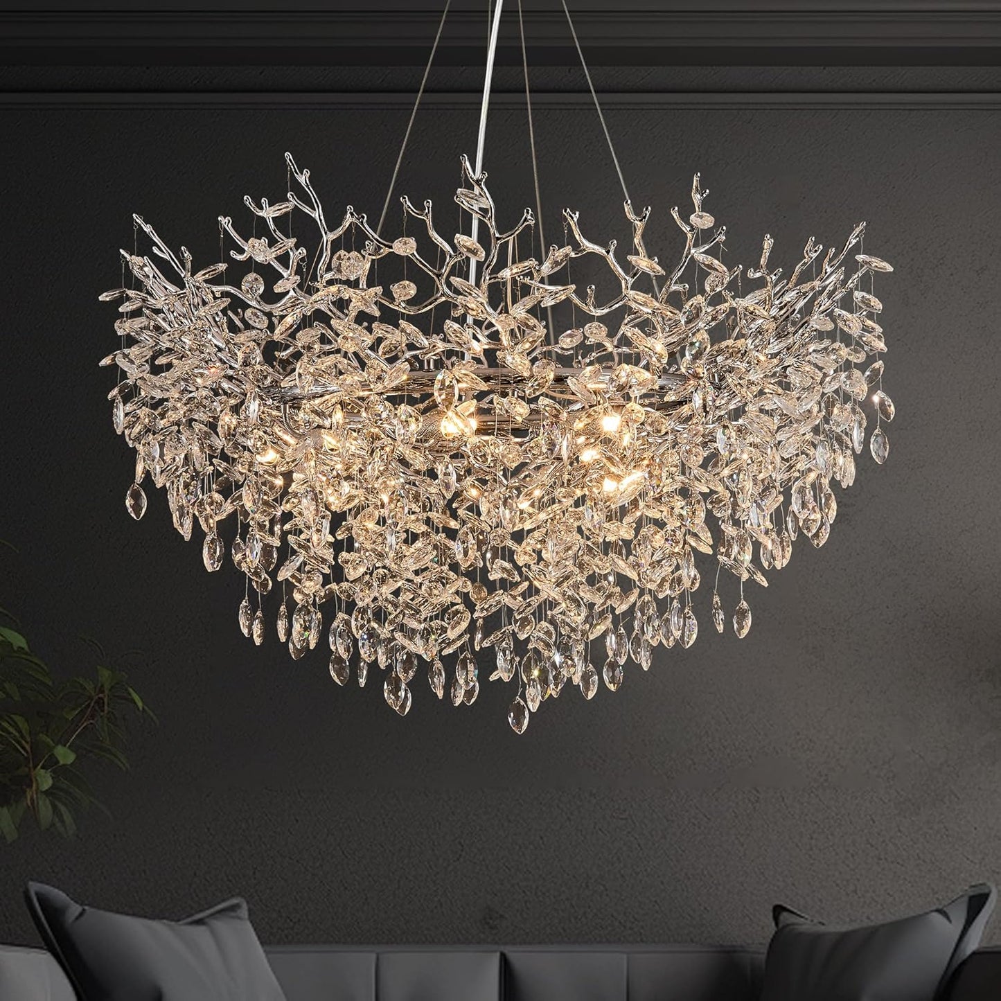 Modern Tree Branch Crystal Chandelier Luxury Silver Crystal Pendant Lighting 18" Contemporary 6-Light Chandeliers for Dining Room Kitchen Bedroom Living Room